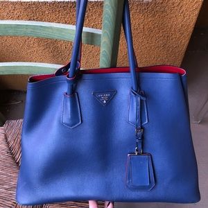 Prada Bluette Leather Medium Double Tote